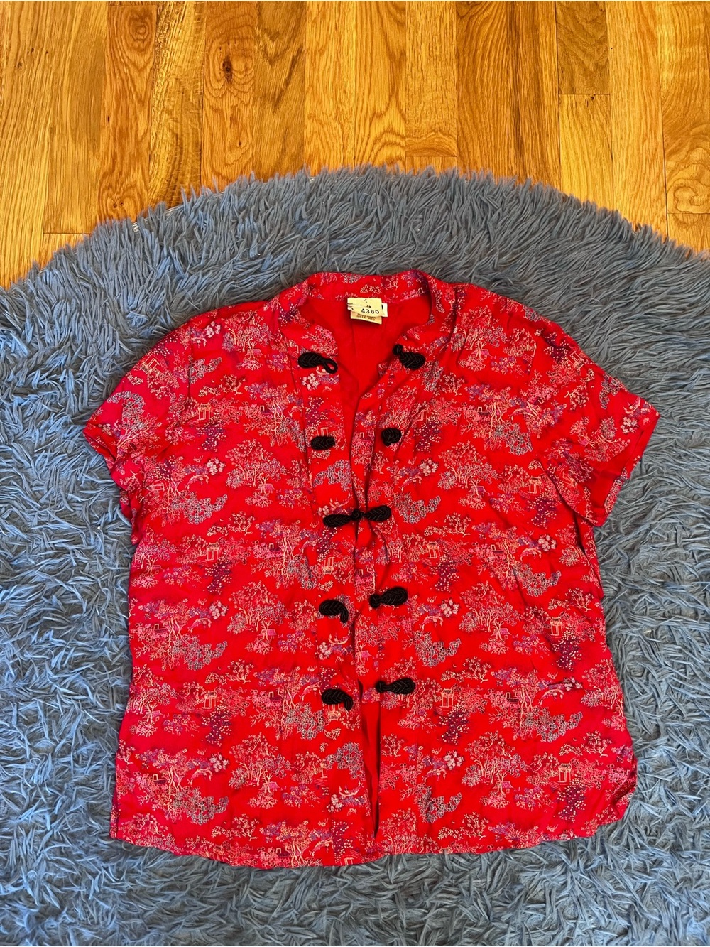 Clio Vintage Red Floral Chinese Frog Button Short Sleeve Top Size M